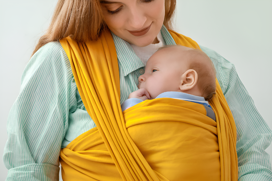 Écharpe de portage jaune maman bébé