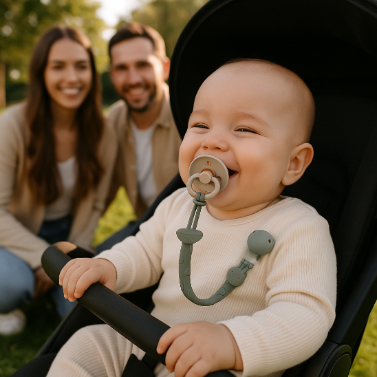 Un bébé avec une attache tétine grise dans une poussette devant papa et maman dans un parc.