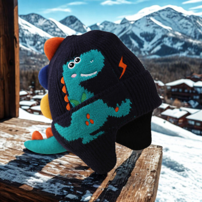 Bonnet bleu marine DouxDyno™ devant des montagnes enneigées.