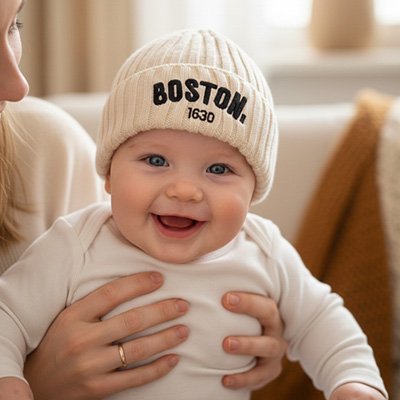 Bonnet bebe beige BostonCool™ sur la tête d'un bébé.