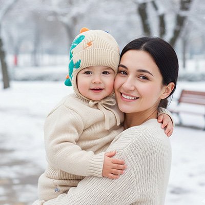 Un bébé portant un bonnet bebe beige DouxDyno™ dehors en hiver avec sa maman dans un parc enneigé.