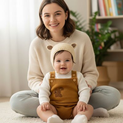 Bonnet bebe beige TricotDouillet™ sur la tête d'un enfant avec sa maman