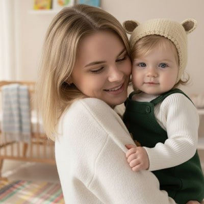 Bonnet bebe beige TricotDouillet™ sur la tête d'un enfant avec sa maman