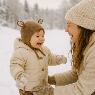Un bebe portant un bonnet TricotDouillet™ kaki jouant ans le neige avec sa maman.