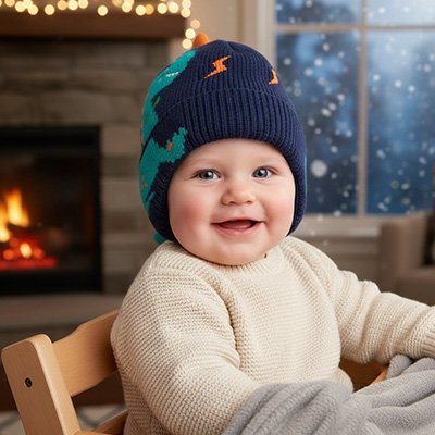 Un bébé portant un bonnet bebe bleu marine DouxDyno™ dans un chalet en hiver avec un foyer derrière.
