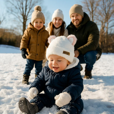 Un bébé portant un bonnet blanc jouant dans la neige, dans un parc.