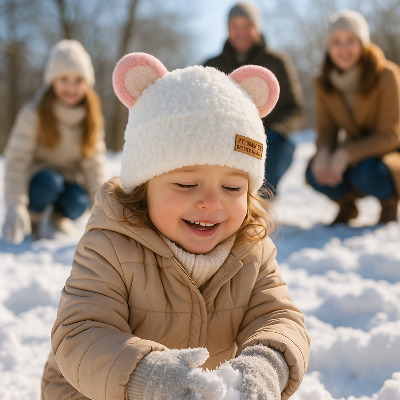 Un bébé portant un bonnet blanc dans un parc enneigé avec sa maman, son papa et sa sœur.