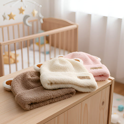 3 bonnets, marron, blanc et rose sur un meuble dans une chambre d'enfant.