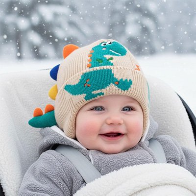 Un bébé portant un bonnet bebe beige avec de la neige qui tombe derrière