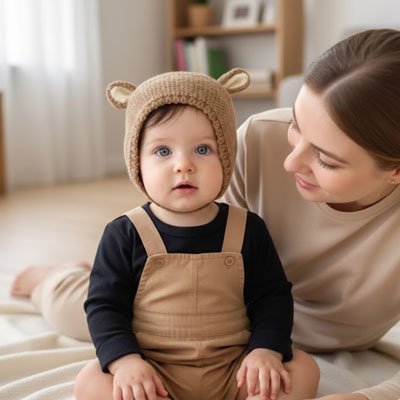 Bonnet bebe kaki TricotDouillet™ sur la tête d'un enfant avec sa maman