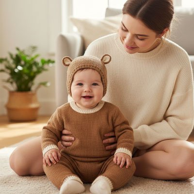 Bonnet bebe kaki TricotDouillet™ sur la tête d'un enfant avec sa maman