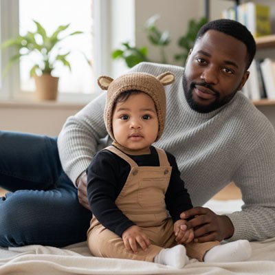 Bonnet bebe kaki TricotDouillet™ sur la tête d'un enfant avec son papa