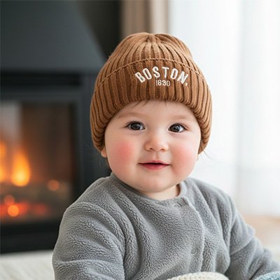 Bonnet bebe marron BostonCool™ sur la tête d'un bébé.