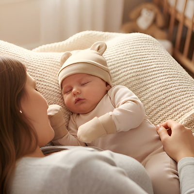 Un bébé portant un bonnet bebe naissance beige dans les bras de sa maman.
