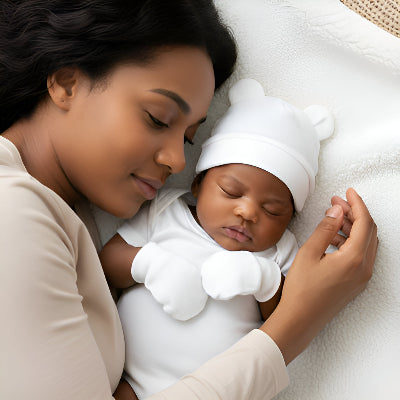 Un bébé portant un bonnet bebe naissance blanc dans les bras de sa maman.
