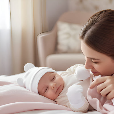 Un bébé portant un bonnet bebe naissance blanc dans les bras de sa maman.