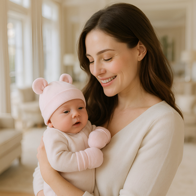 Un bébé portant un bonnet bebe naissance rose dans les bras de sa maman.