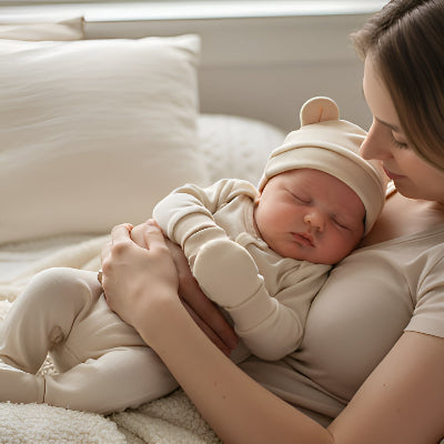 Un bébé portant un bonnet bebe naissance beige dans les bras de sa maman.