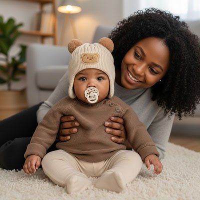 Un enfant portant un bonnet bebe beige OursonMignon™, souri dans le salon avec sa maman.