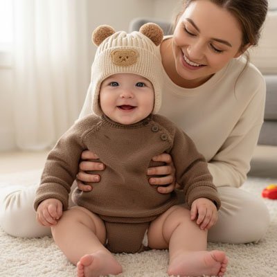 Un enfant portant un bonnet bebe beige OursonMignon™, souri dans le salon avec sa maman.