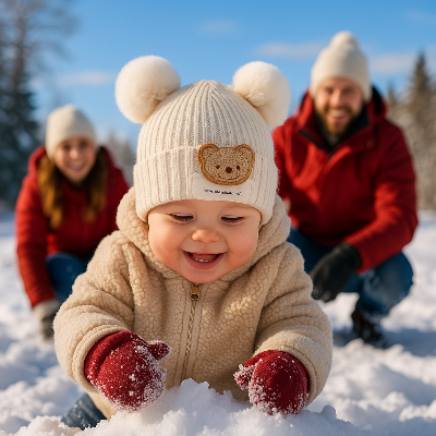 Un enfant portant un bonnet bebe blanc OursonMignon™, joue dans la neige avec sa maman et son papa.