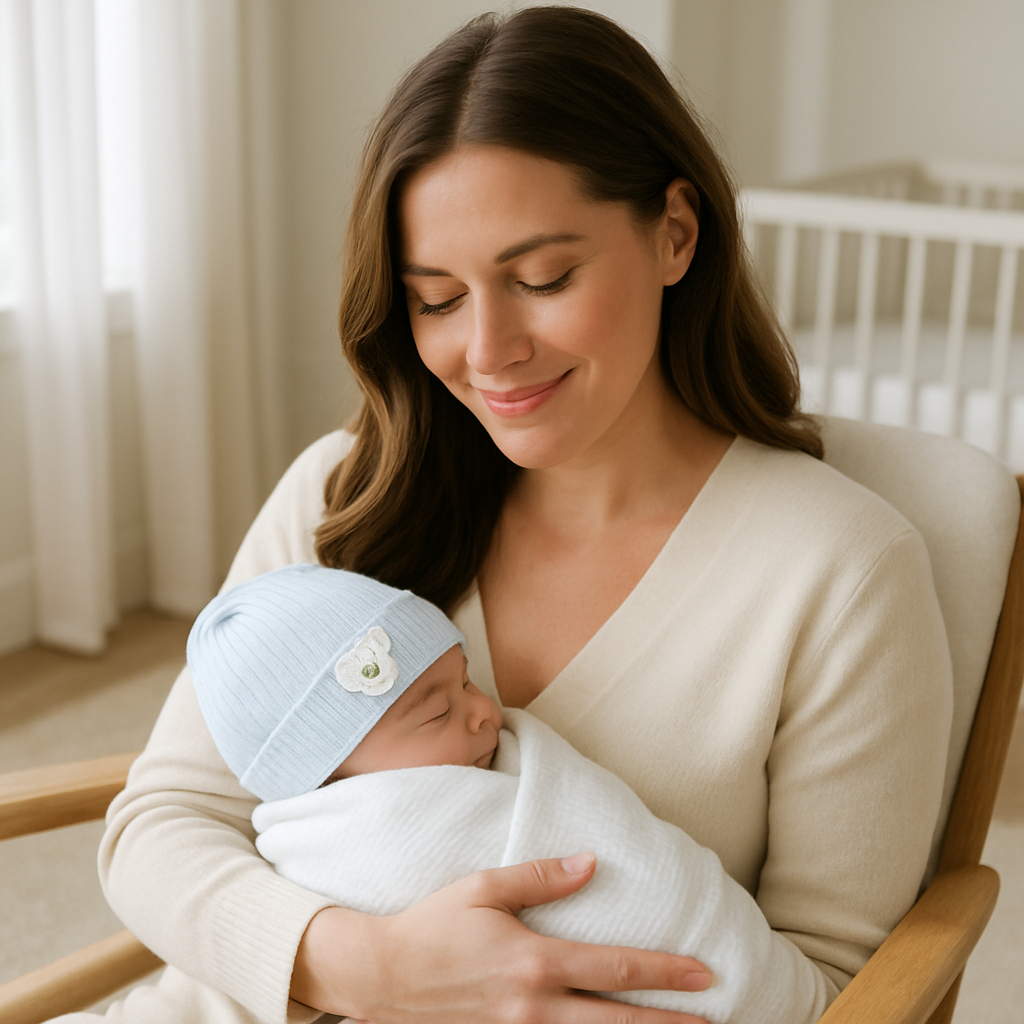 Un enfant portant un bonnet bebe bleu se fait bercé par sa mère.
