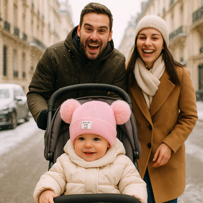 Bonnet bebe ultra doux à pompoms rose sur la tête d'un enfant dans une poussette poussé par ses parents.