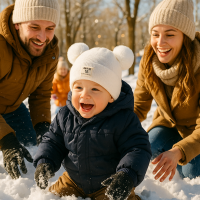 Bonnet bebe ultra doux à pompoms blanc sur la tête d'un enfant jouant dans la neige avec ses parents.