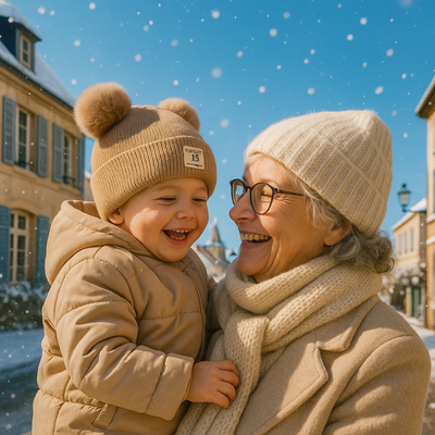 Bonnet bebe ultra doux à pompoms brun sur la tête d'un enfant porté par sa grand-maman.