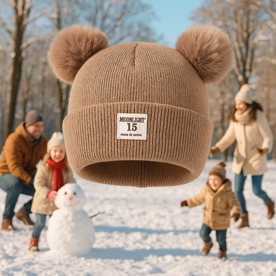Bonnet bebe ultra doux à pompoms brun avec décor d'hiver avec des enfants et parents jouant dans la neige.