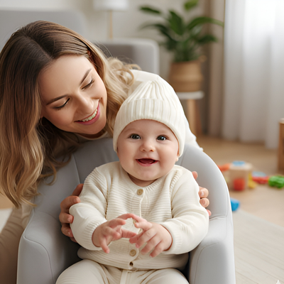 Un bébé portant un bonnet pour bebe au tricot blanc, assis par terre avec sa maman.