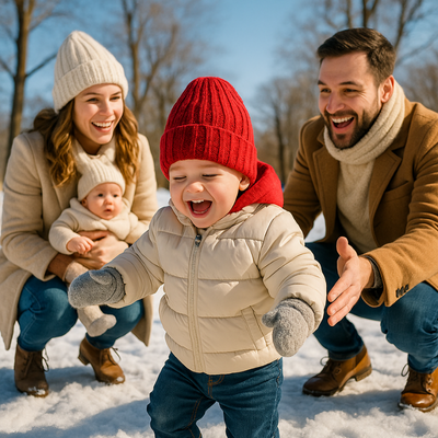 Un bébé portant un bonnet pour bebe au tricot rouge, jouant dans la neige avec ses parents.
