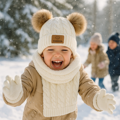 Un enfant portant un bonnet tricot blanc jouant dans la neige.