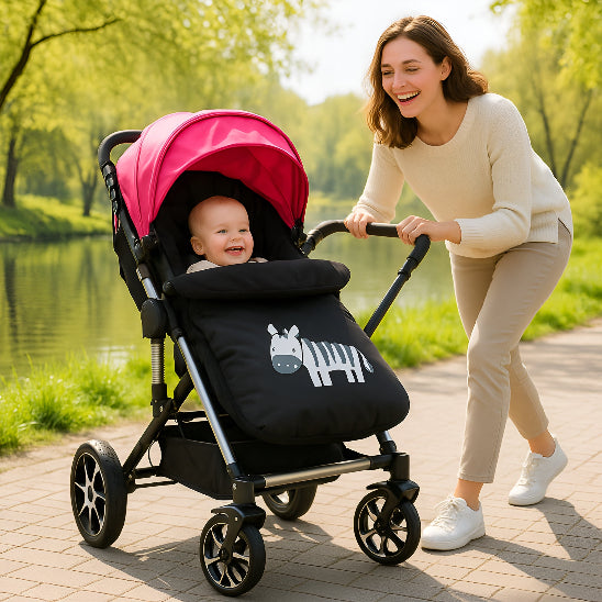 Une maman souri en regardant un bébé dans une chanceliere bebe rose dans une poussette près d'un lac. 