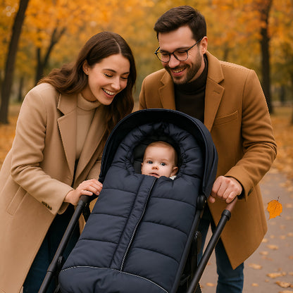 Une maman et un papa regardent un enfant dans une chanceliere noir dans une poussette lors d'une journée d'automne dans un parc.