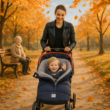Une maman pousse une poussette avec un enfant dans une chanceliere dans un parc lors d'une journée d'automne avec une mamie qui regarde en souriant.