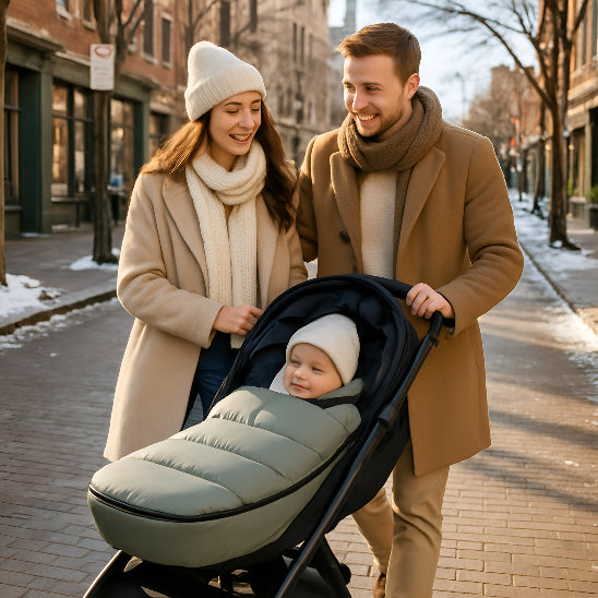 Une maman et un papa se baladent dans une rue en hiver avec un bébé dans une chanceliere grise dans une poussette.