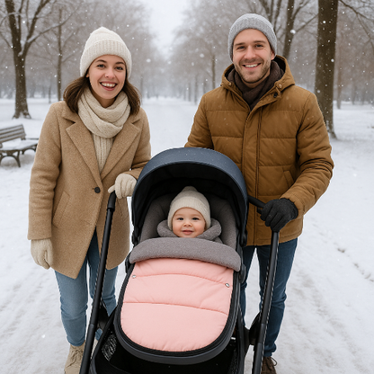 Un papa et une maman se baladent dans une rue enneigée avec un bébé dans une chanceliere rose sur une poussette.