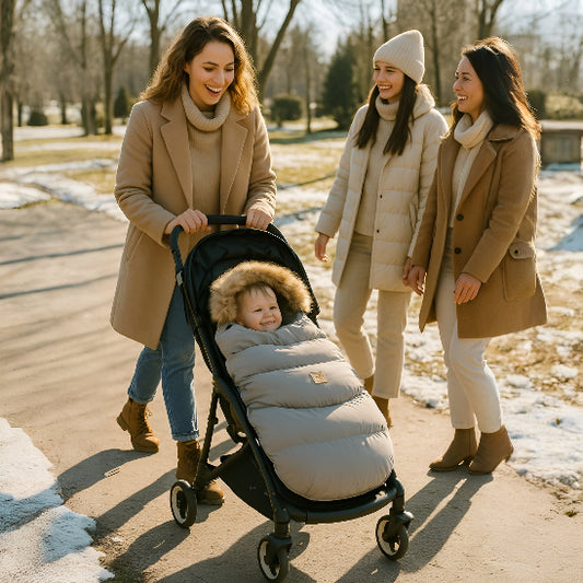 Un enfant dans une chanceliere poussette sur une poussette, poussé par sa maman et deux amis à elle dans un parc avec de la neige.