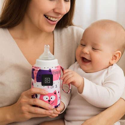 Chauffe biberon nomade dans la main d'une maman avec un bébé qui sourit.