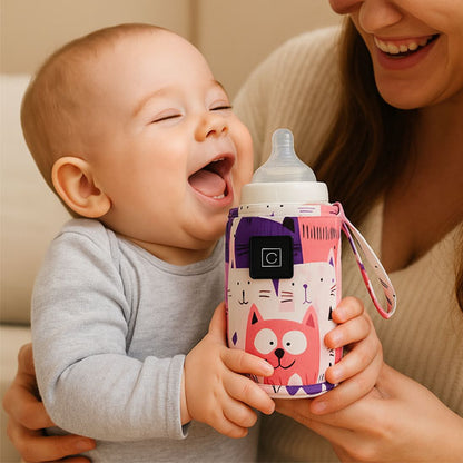Chauffe biberon nomade dans les mains d'un bébé qui sourit avec une maman qui le regarde.