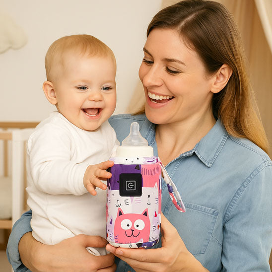 Chauffe biberon nomade dans la main d'une maman et un bébé dans l'autre main qui sourit.