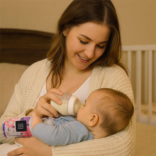 Une maman donne le biberon à son bébé dans ses bras et un chauffe biberon nomade dans les mains du bébé.