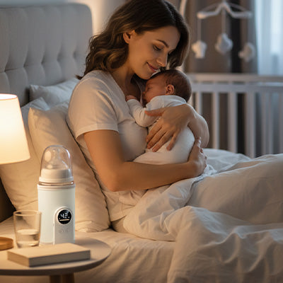Un chauffe-biberon dans une chambre avec une maman et un bébé.