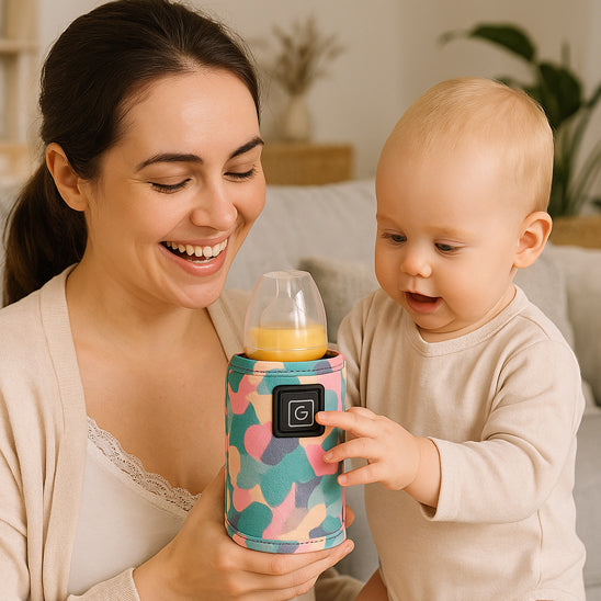 Une maman et un bébé sourient en regardant un biberon dans un chauffe biberon.