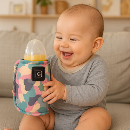 Un bébé sur un divan avec un chauffe biberon portable dans les mains.