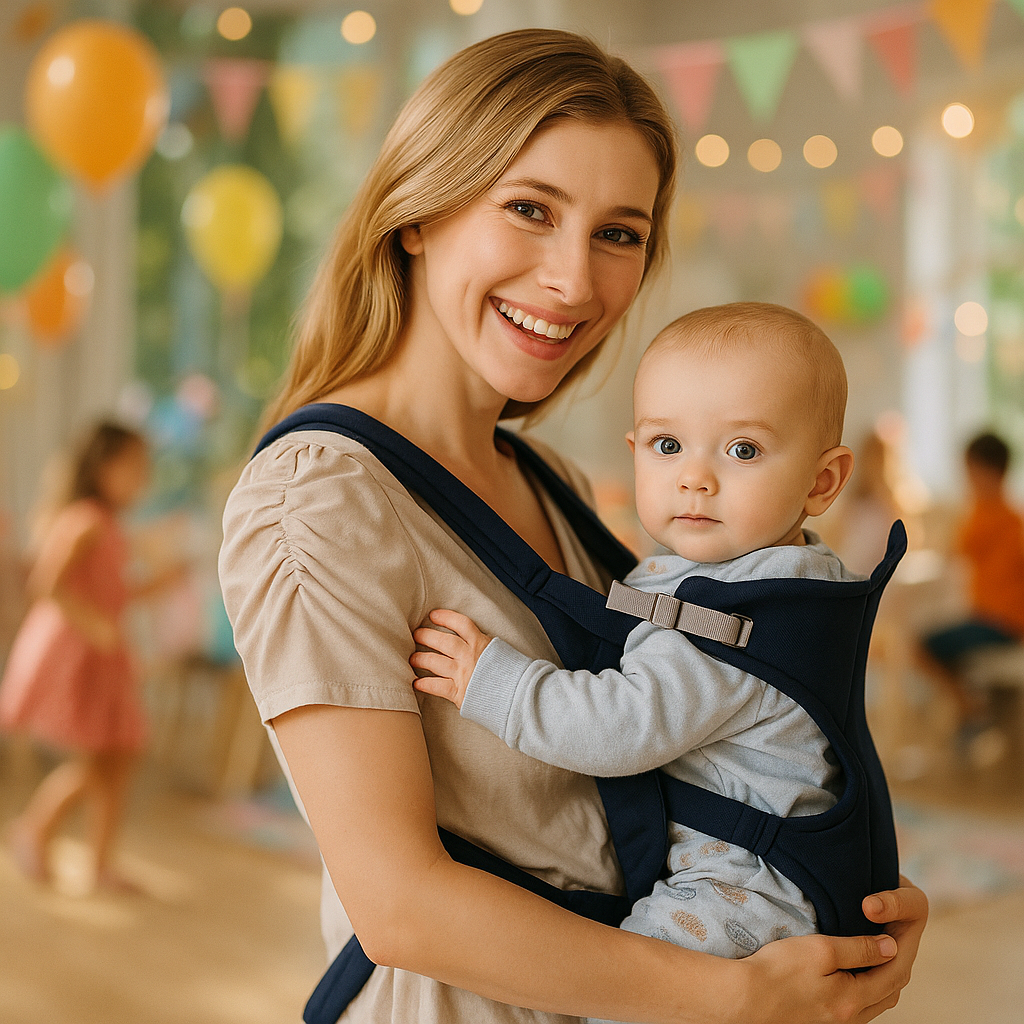 Porte bebe EasyCarrier™ bleu bébé maman fête